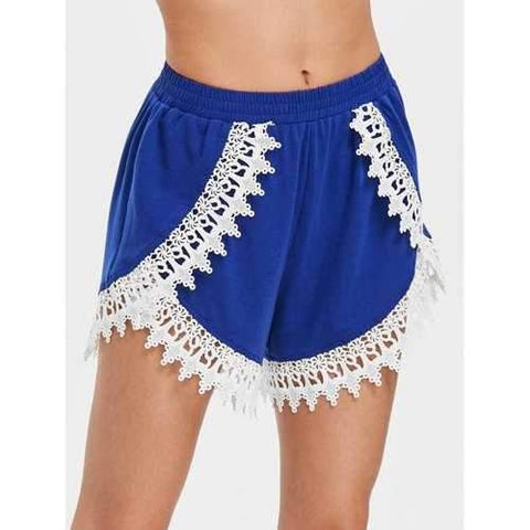 Elastic Waisted Mini Beach Shorts with Lace - Blue M