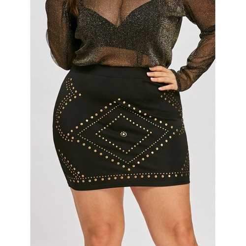 Hight Waisted Plus Size Rivet Mini Skirt - Black Xl