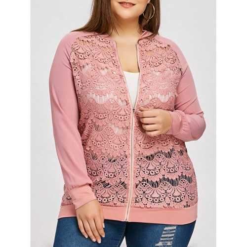 Lace Insert Plus Size Jacket - Pink Xl