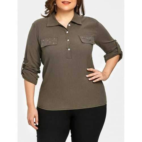 Plus Size Rivet Star Half Button Shirt - Army Green 3xl