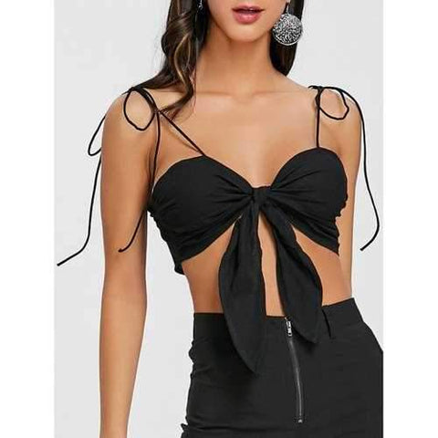 Front Tie Up Spaghetti Strap Crop Top - Black L