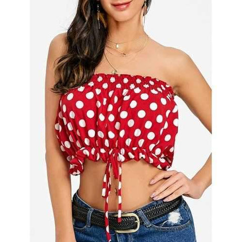 Ruffle Polka Dot Strapless Crop Top - Red Xl