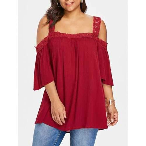 Plus Size Shoulder Cut Blouse - Red Wine Xl