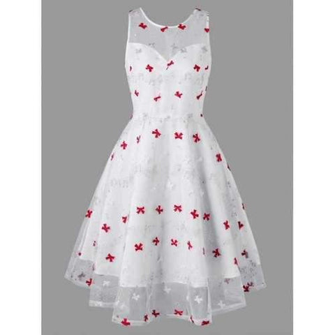 Bowknot Pattern Sleeveless Lace Overlay Dress - White M