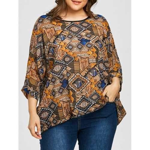 Geometric Plus Size Chiffon Batwing Sleeve Blouse - One Size