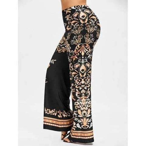 Baroque Print Wide Leg Palazzo Pants - Black 5xl