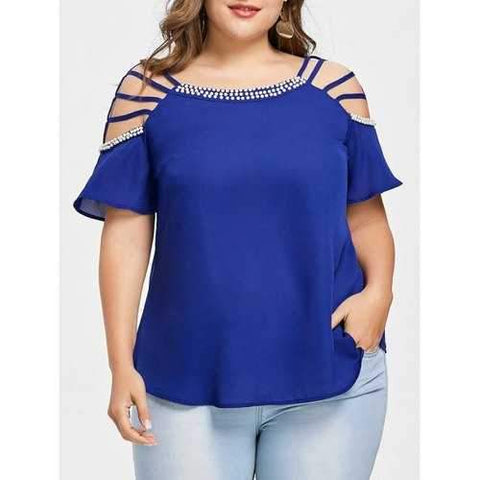 Plus Size Beading Embellished Strappy Blouse - Royal 2xl