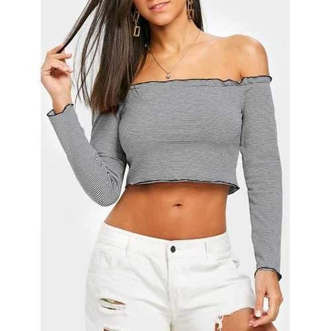 Off Shoulder Striped Cropped Top - Black M