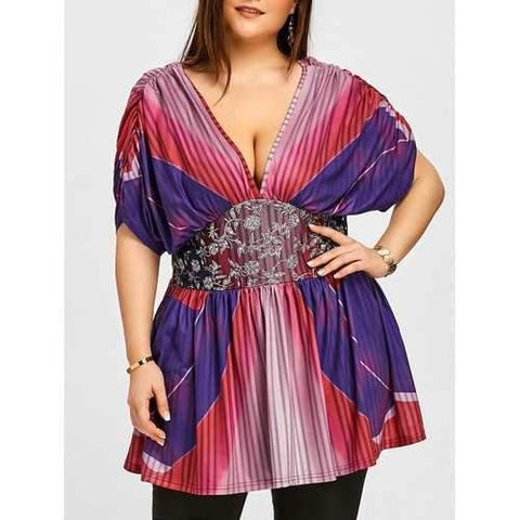 Plus Size Batwing Sleeve Plunging Neck Peplum Blouse - Xl