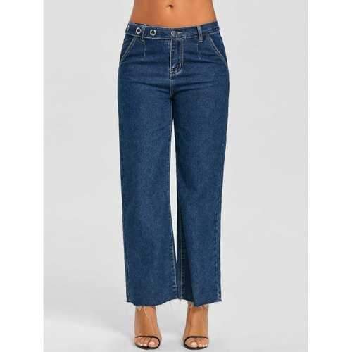 Raw Hem Eyelet Wide Leg Jeans - Denim Blue M