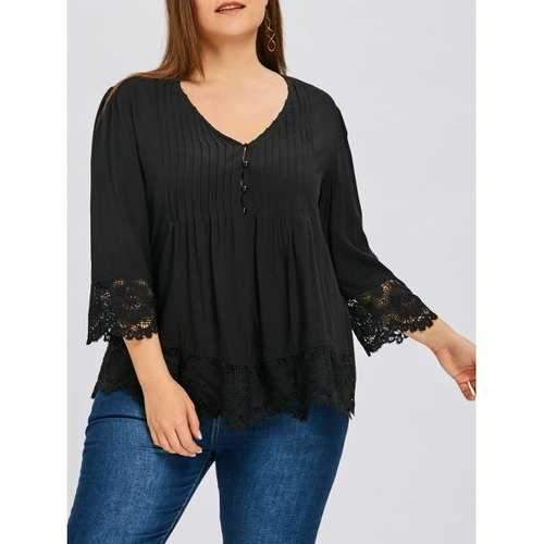 Plus Size Lace Panel Pleated High Low Blouse - Black Xl