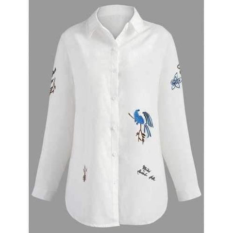 Plus Size Long Sleeve Embroidery Shirt - White Xl