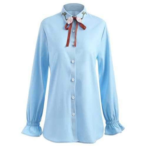 Plus Size Floral Embroidered Elastic Cuffs Shirt - Blue 4xl