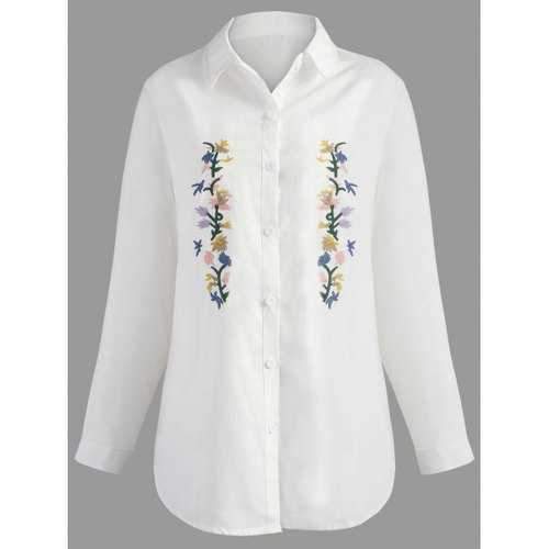 Plus Size Floral Embroidered High Low Shirt - White 3xl