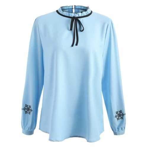 Plus Size Ruffle Trim Snowflake Embroidery Blouse - Blue 3xl