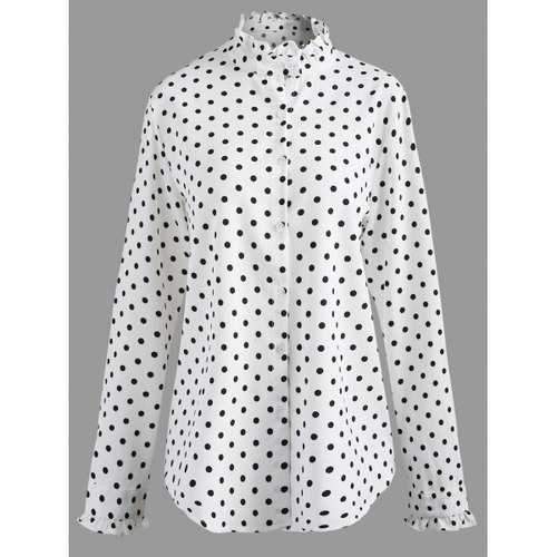 Plus Size Polka Dot Ruffle Trim Shirt - White 4xl