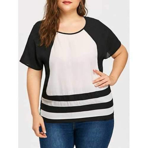 Plus Size Two Tone Striped Blouse - Black White Xl