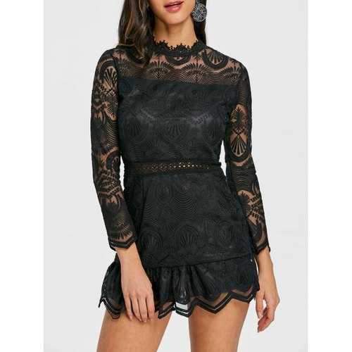 Sheer Long Sleeve Lace Mini Dress - Black L