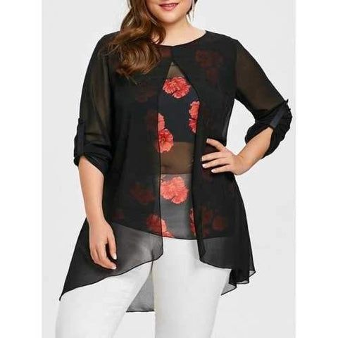 Plus Size Flower Print High Low Blouse - Black Xl