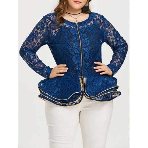 Plus Size Flower Lace Peplum Jacket - Blue Xl