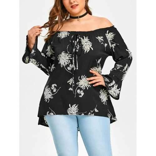 Plus Size Off Shoulder Chrysanthemum Printed Asymmetrical Blouse - Black Xl