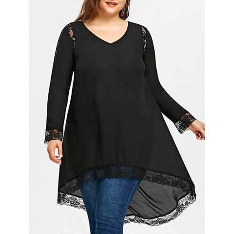 Plus Size V Neck Lace Panel Top - Black Xl