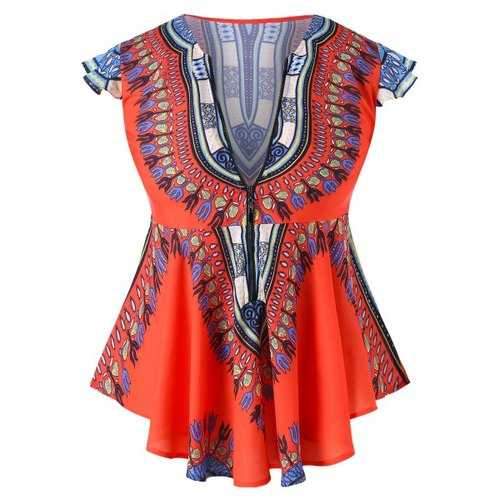 Plus Size Zipper Dashiki Blouse - Orange Xl