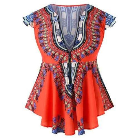 Plus Size Zipper Dashiki Blouse - Orange Xl