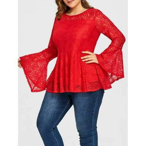 Long Sleeve Plus Size Lace Peplum Blouse - Red Xl