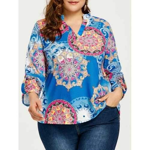 Paisley Plus Size Notched Tunic - Blue Xl