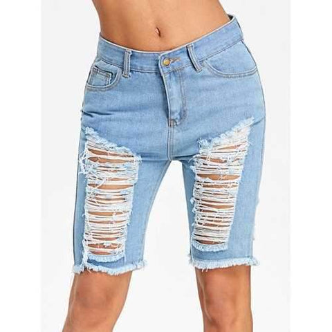 High Waisted Ripped Knee Length Denim Shorts - Light Blue 2xl