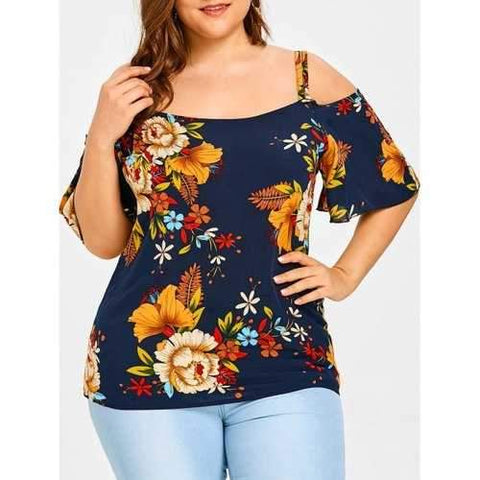 Plus Size Cold Shoulder Floral Print Blouse - Xl