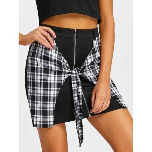 Tie Front Zip Up Plaid Skirt - Black M