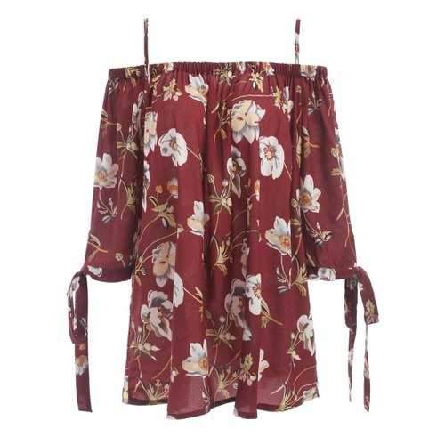 Plus Size Spaghetti Strap Floral Print Blouse - Brick-red Xl