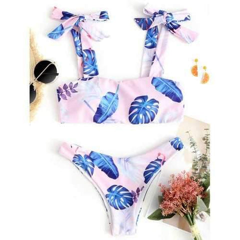 Knot Palm Leaves Print Bikini Set - Pink M