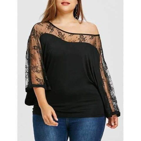 Plus Size Sheer Batwing Sleeve Skew Collar Blouse - Black 2xl