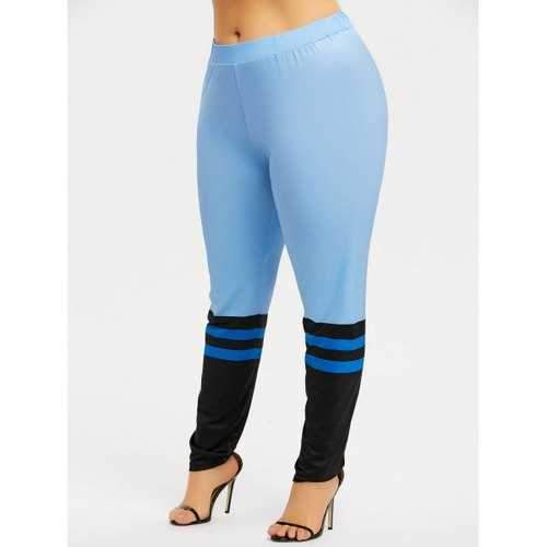 Plus Size High Waist Striped Leggings - Azure Xl