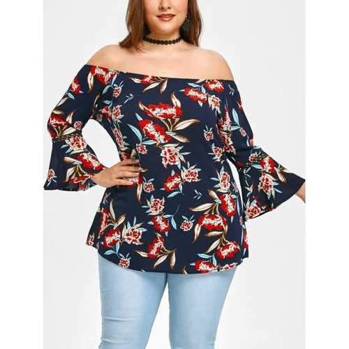 Off Shoulder Plus Size Printed Blouse - Cerulean Xl