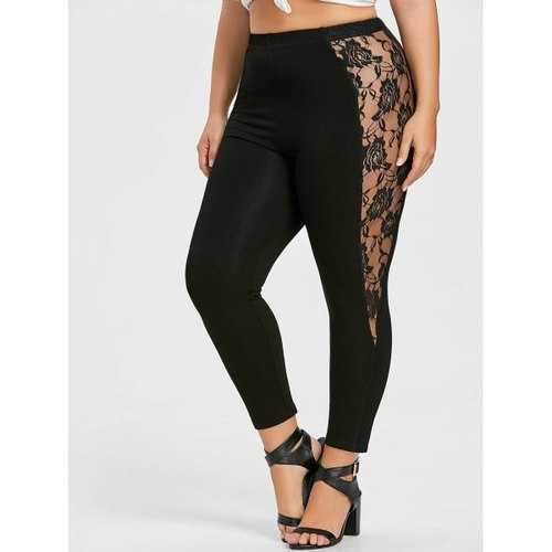 Plus Size Lace Insert Sheer Ankle Leggings - Black Xl