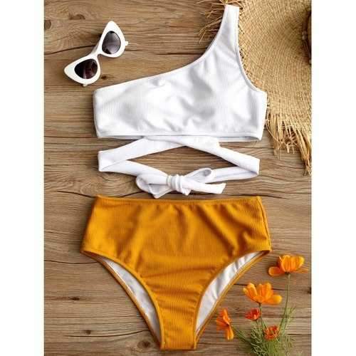 One Shoulder Two Tone Bikini Set - White S