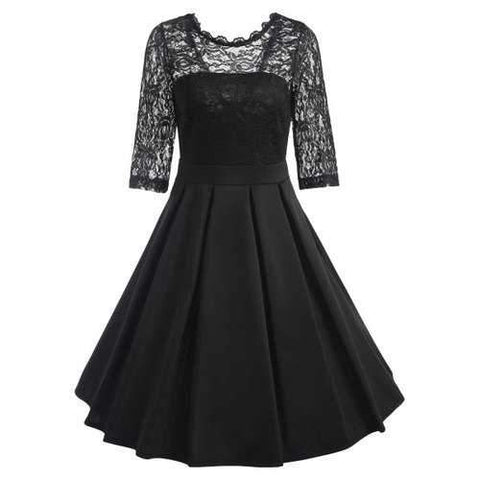 Lace Panel Cocktail Flare Dress - Black L