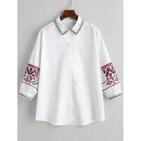 Plus Size Ethnic Geometric Embroidery Shirt - White 3xl