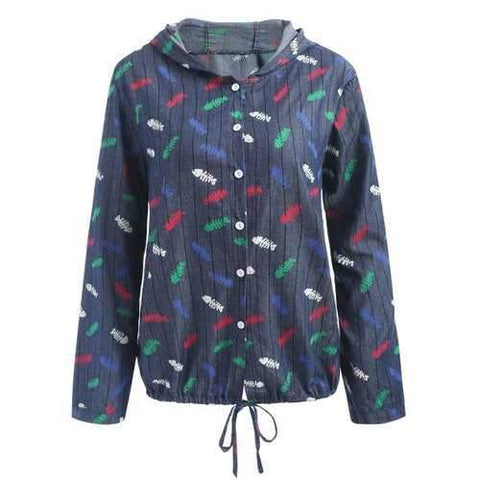 Plus Size Long Sleeve Fish Print Shirt - Blue Xl