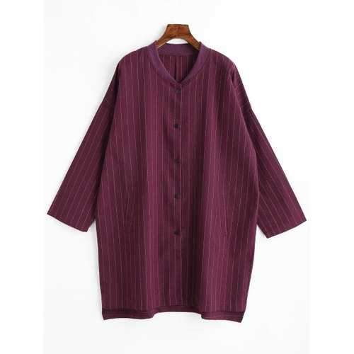 Plus Size Button Up Striped Coat - Purplish Red Xl