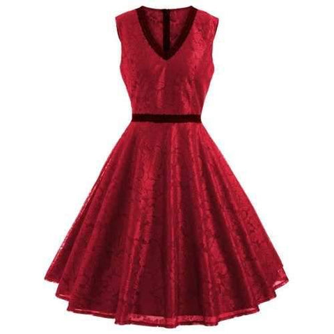 Retro A Line Lace Dress - Red S