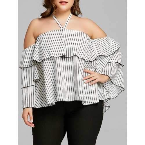 Striped Plus Size Halter Frilled Blouse - White 2xl