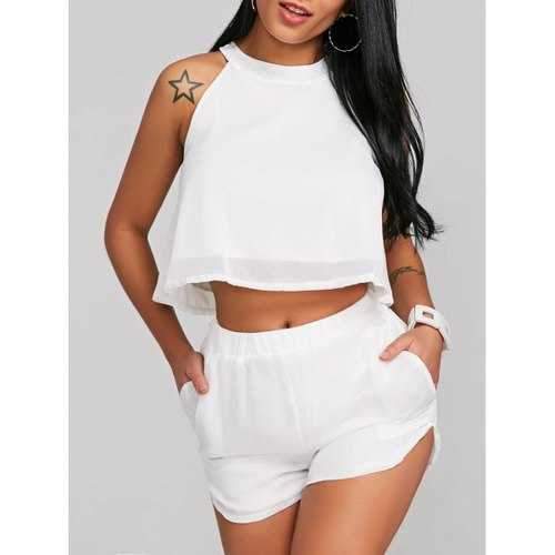 Chiffon Crop Top With High Waisted Shorts - White S