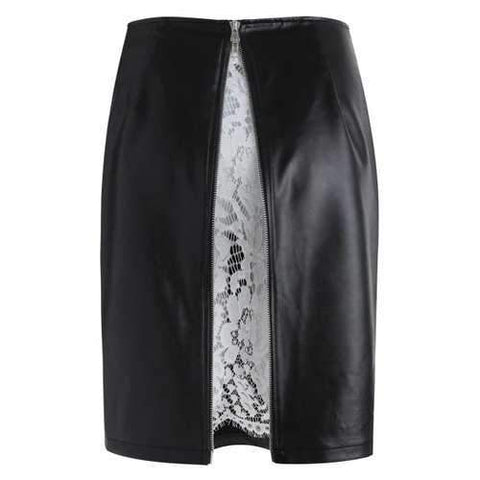 High Waist Lace Insert Faux Leather Skirt - Black L