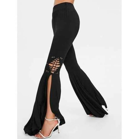 High Waist Ripped Bell Bottom Pants - Black M