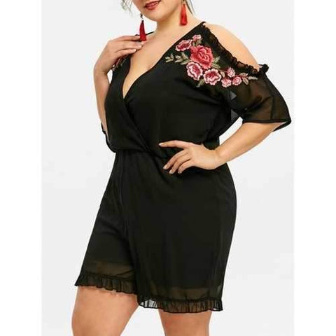 Plus Size V Neck Floral Embroidery Romper - Black 6xl